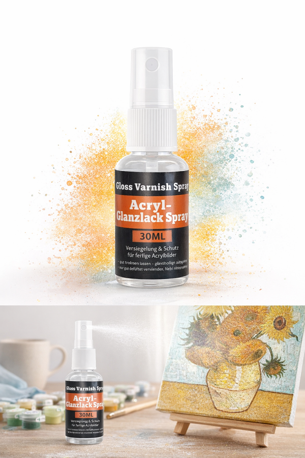 Acryl-Glanzlack Spray 30 ml neben Malen-nach-Zahlen-Leinwand – Finish für Poster-Look