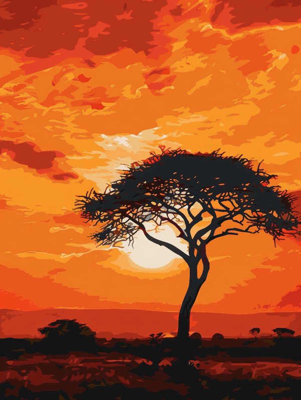 Malen nach Zahlen - Orangeroter Sonnenuntergang mit Akazie