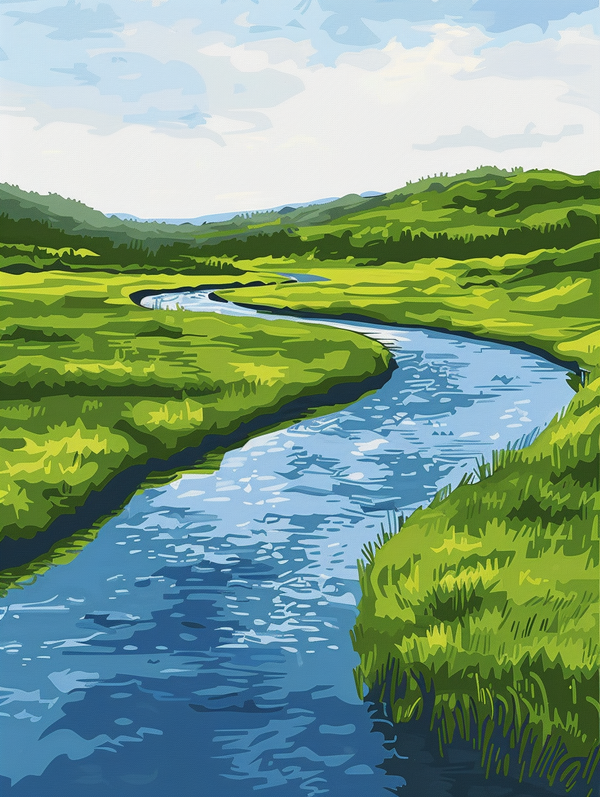 Malen nach Zahlen - Blauer Fluss durch Wiesen