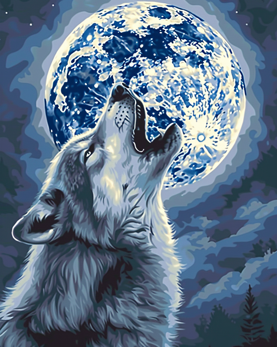 Malen nach Zahlen Wolfskopf vor Vollmond