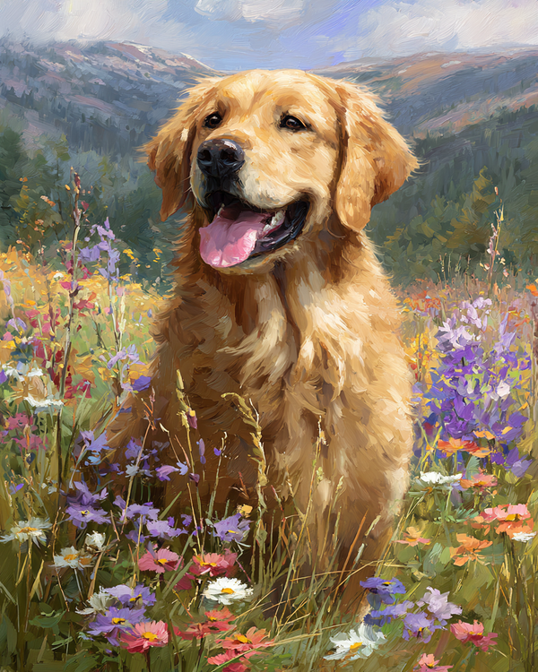 Malen nach Zahlen - Golden Retriever in der Wildblumenwiese