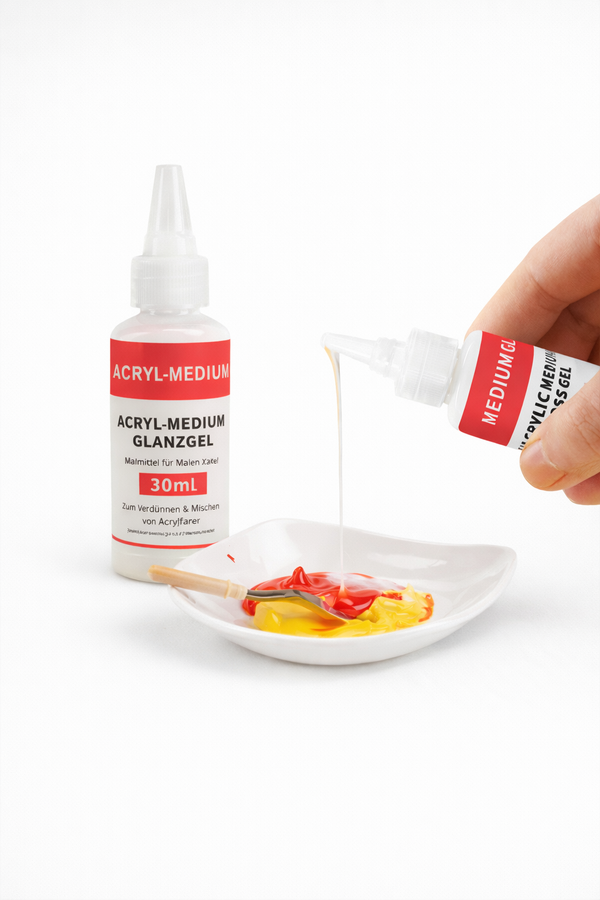 Acryl-Medium Glanzgel 30 ml – zwei Flaschen und gelartiges Medium wird auf rote und gelbe Acrylfarbe in einer Mischpalette gegeben