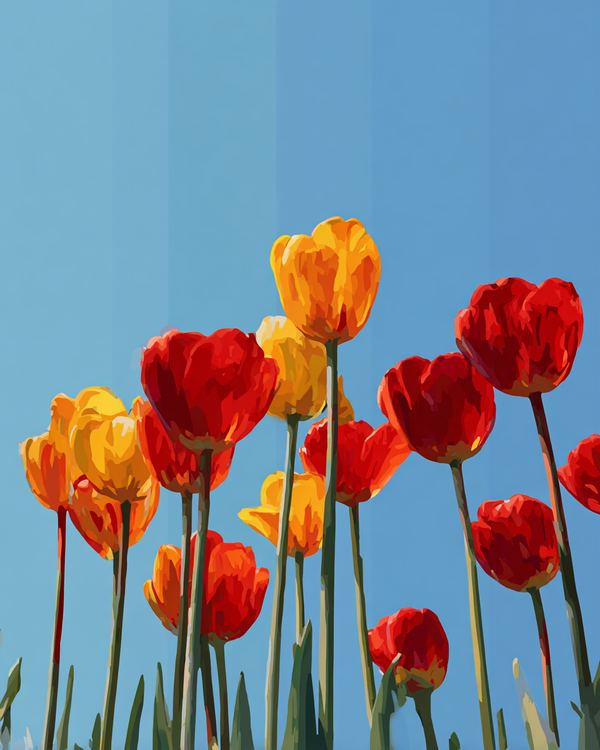 Malen nach Zahlen - Frühlingshafte Tulpen vor blauem Himmel