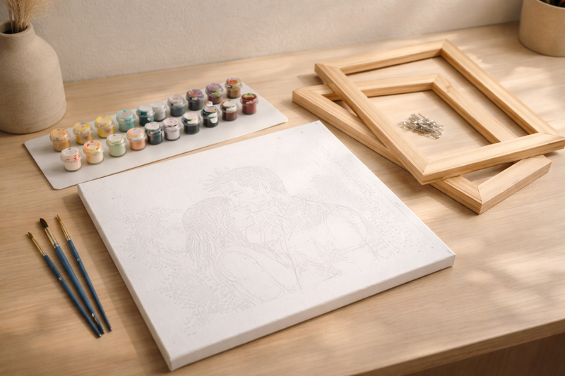 Paint-by-numbers set with canvas, paints, brushes, and reference image