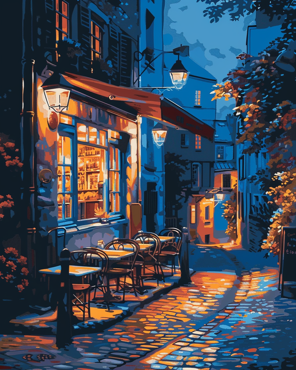 Malen nach Zahlen - Europäische Café-Terrasse bei Nacht