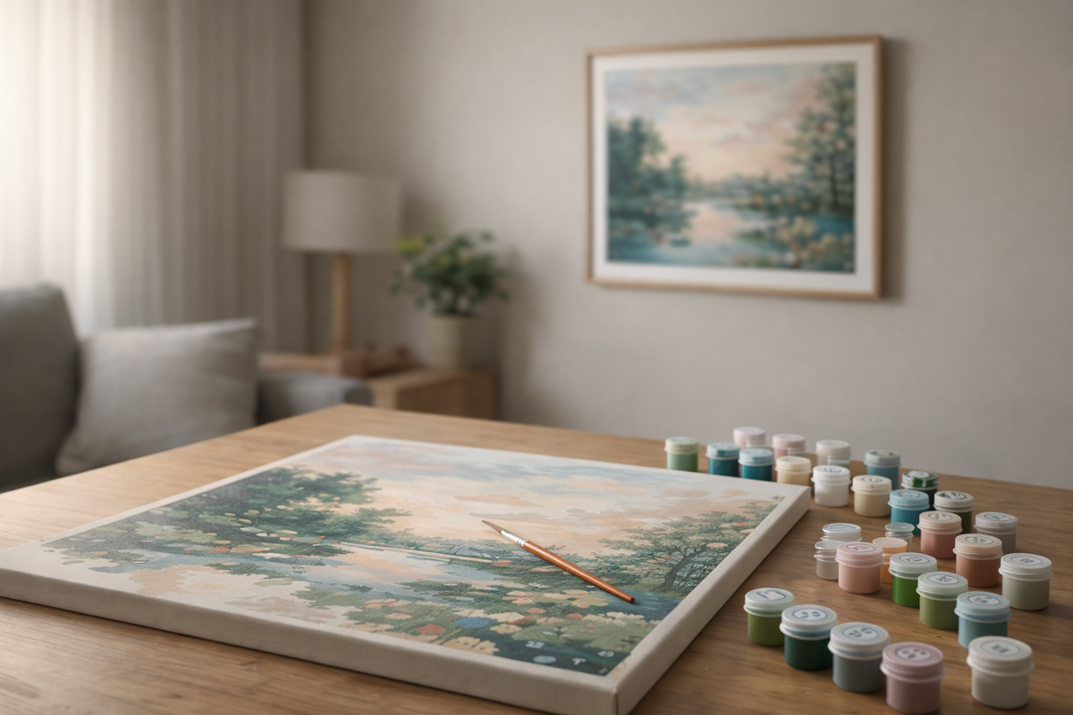 Malen-nach-Zahlen-Set mit Leinwand, Farben und Pinseln auf einem Holztisch