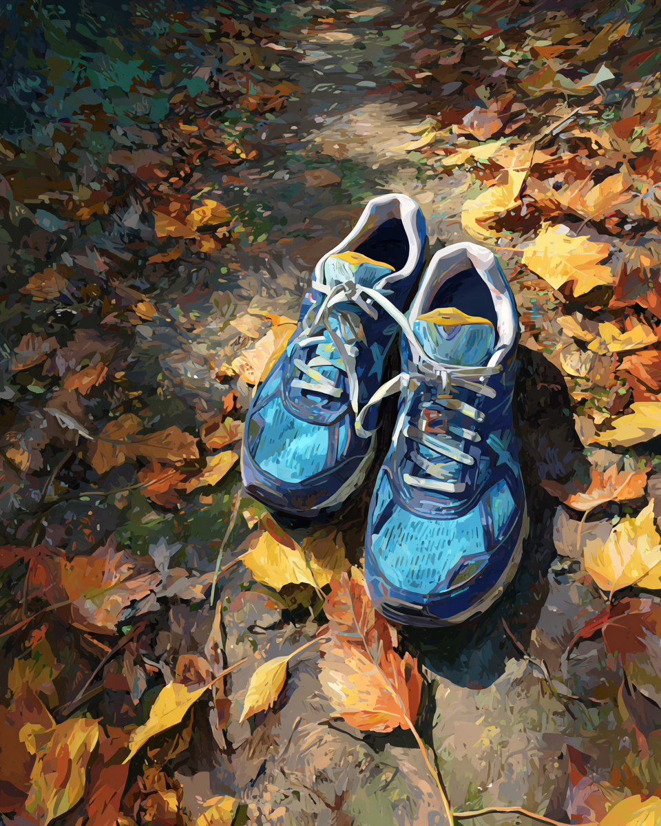 Malen nach Zahlen Laufschuhe auf herbstlichem Waldweg