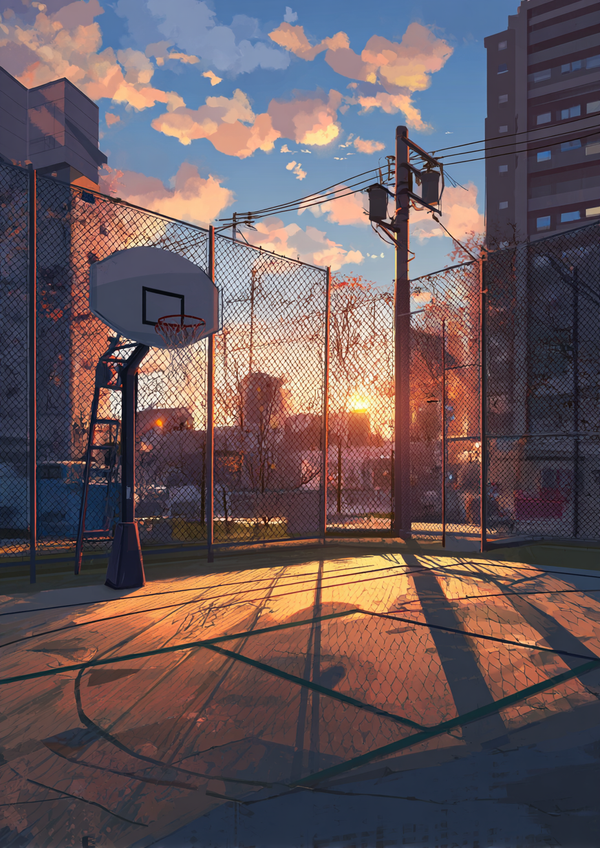 Malen nach Zahlen Basketballplatz im Abendlicht