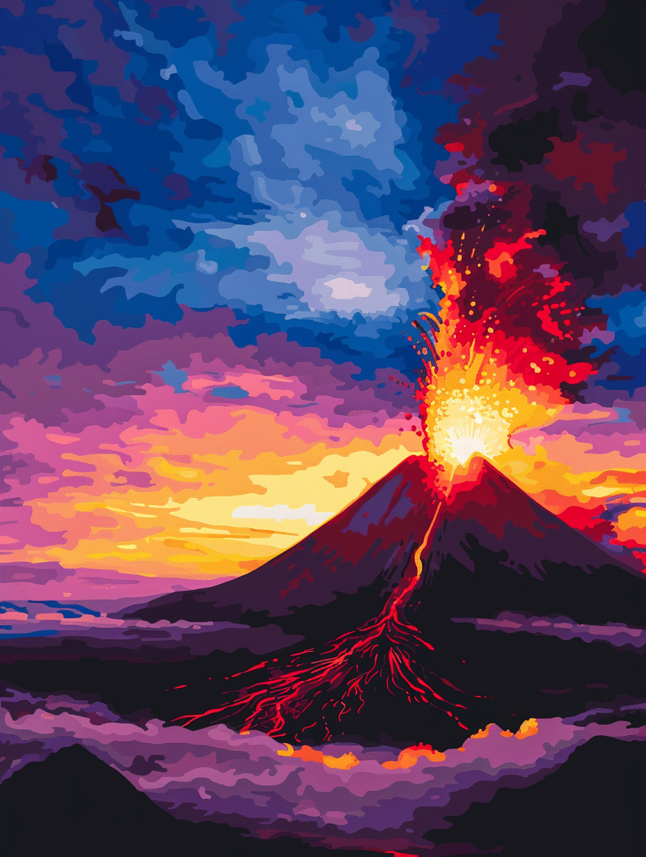 Malen nach Zahlen - Vulkansilhouette mit glühender Lava