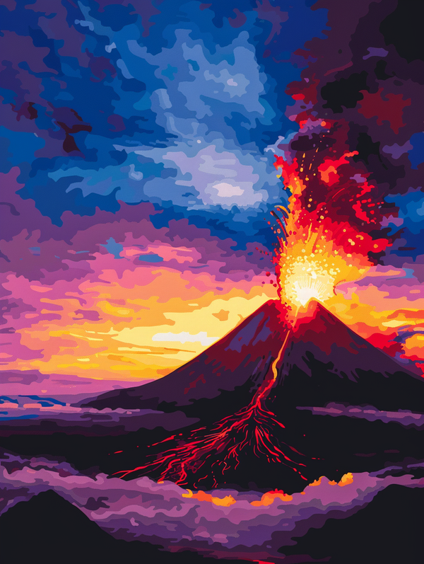 Malen nach Zahlen - Vulkansilhouette mit glühender Lava