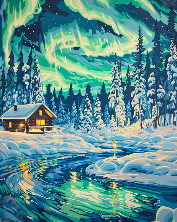 Malen nach Zahlen grüne Nordlichter über Winterwald
