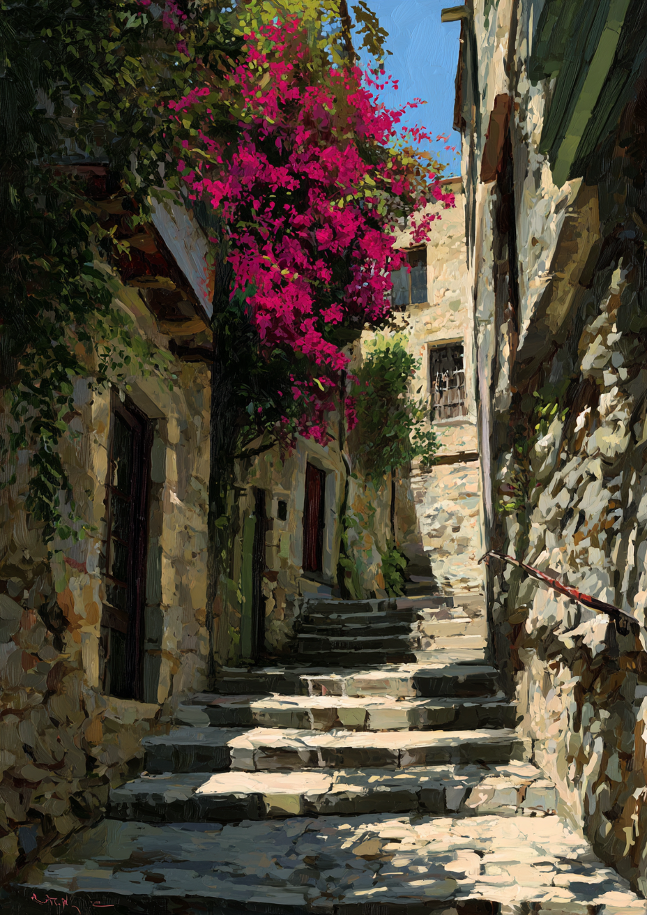 Malen nach Zahlen mediterrane Gasse mit Bougainvillea