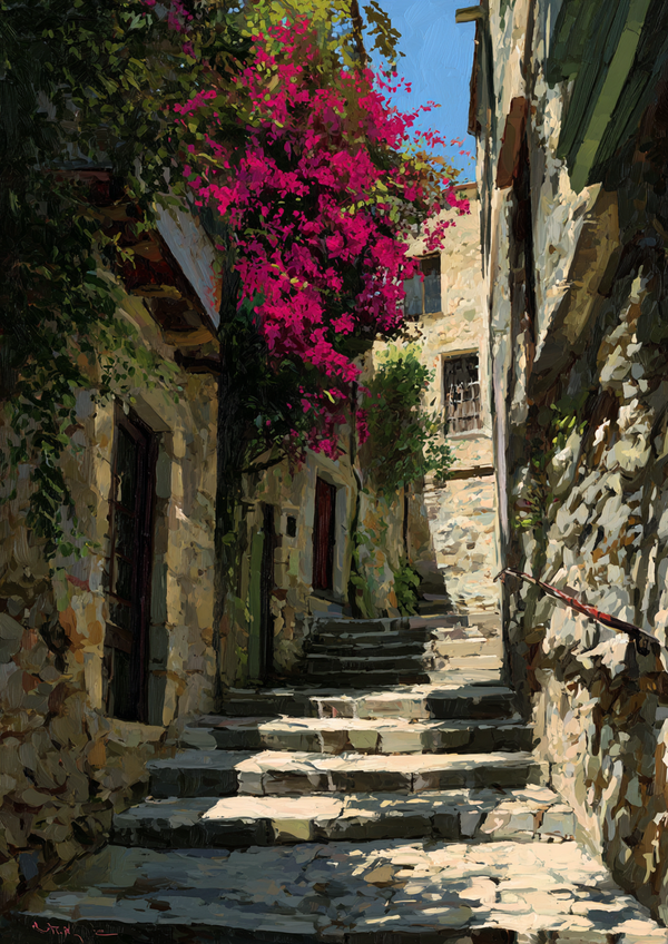 Malen nach Zahlen mediterrane Gasse mit Bougainvillea
