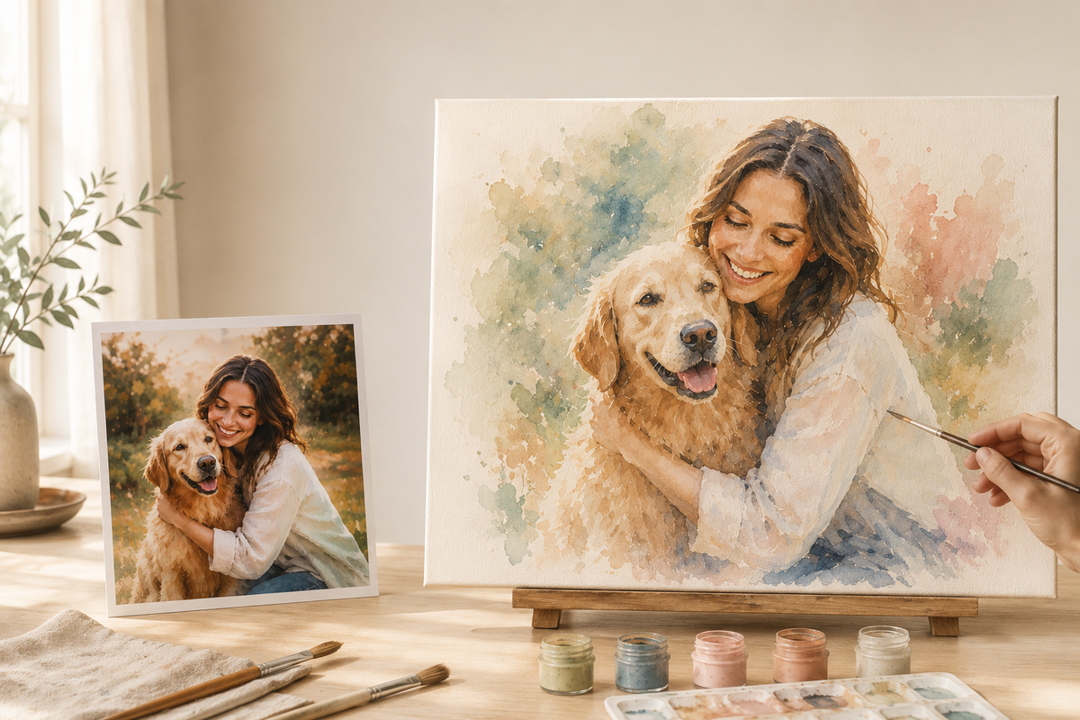 Photo is transferred into a soft watercolor world and painted by yourself