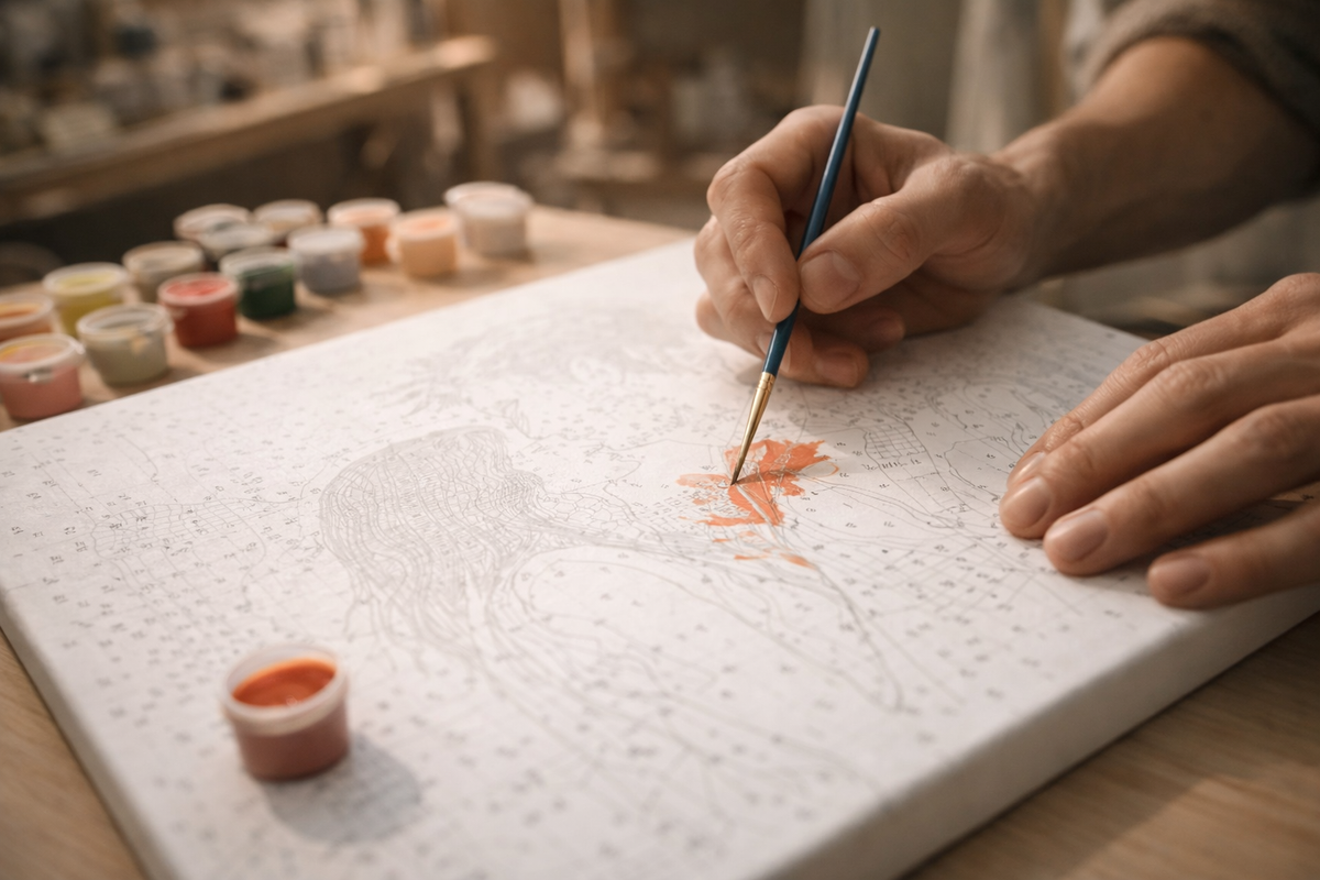 A hand paints numbered sections on a paint-by-numbers canvas