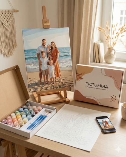 Personalisiertes Malen nach Zahlen Set von Pictumira: Ein Familienfoto als DIY-Leinwand mit Farbtöpfen und Pinseln auf einem hellen Holztisch.