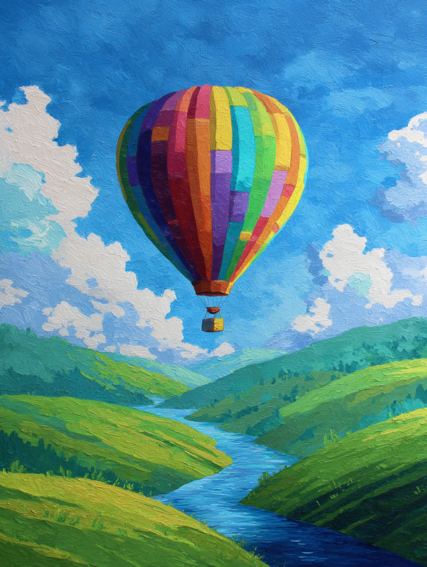Malen nach Zahlen bunter Heißluftballon über Hügeln