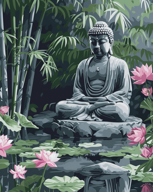 Malen nach Zahlen Friedlicher Buddha mit rosa Lotus