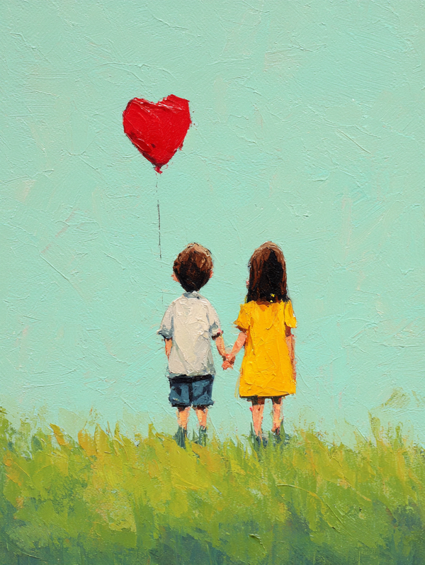 Malen nach Zahlen - Zwei Kinder mit Herzballon